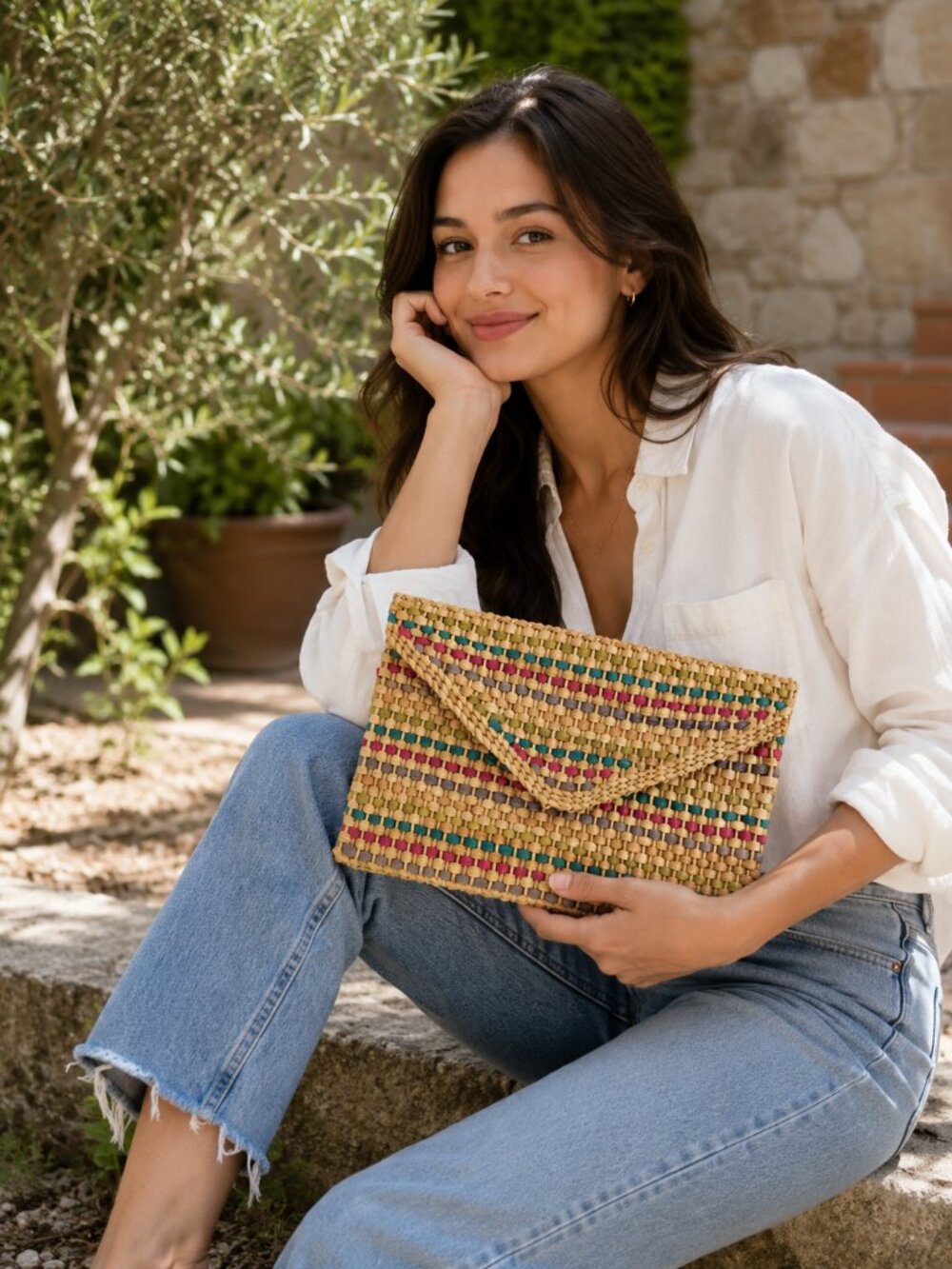 Handwoven‎ Boho Clutch – Colorful Natural Straw Envelope Bag